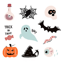 Halloween stickers collection of pumpkin, skull, bat, eyeball, earthworm and ghost