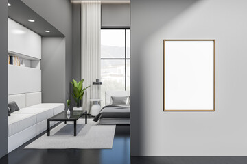 Naklejka na ściany i meble Grey bedroom interior with bed and couch, panoramic window. Mockup frame