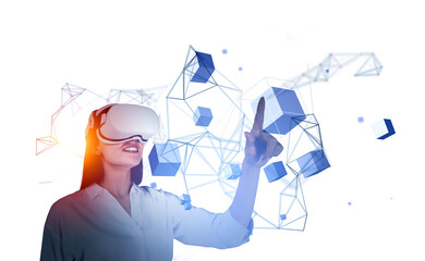 Businesswoman in vr glasses finger touch data blocks in cyberspace
