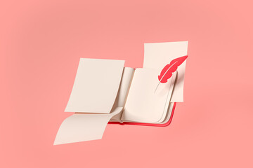 Book and feather on pink background, education and literature. Mockup copy space