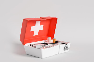 Open first aid kit, treatment and health - obrazy, fototapety, plakaty
