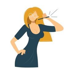 Confident girl talking on the phone. Spectacular lady with a smartphone in a comfortable position. The concept of virtual communication in social networks. Cartoon vector flat design place for text