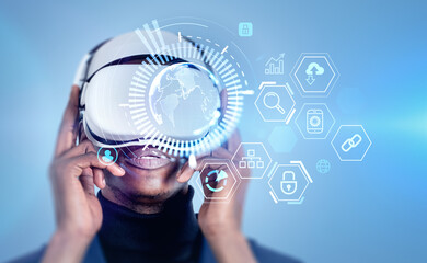 African businessman in vr glasses, earth sphere with digital icons