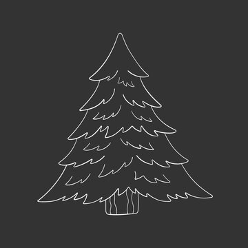 Christmas tree in doodle style, vector illustration. Isolated element on chalk board background. Icon fir for print and design, hand drawn. Holiday tree outline, merry xmas
