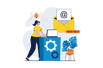Technical support concept with people scene in flat cartoon design. Woman in headset works on laptop, responds to emails and messages and consults clients. Vector illustration visual story for web