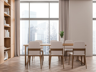 Eating room interior with chairs and shelf with decoration, panoramic window