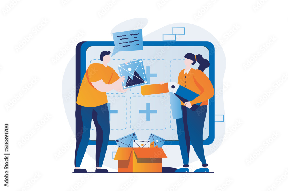 Wall mural ui ux design concept with people scene in flat cartoon design. man and woman create elements for use