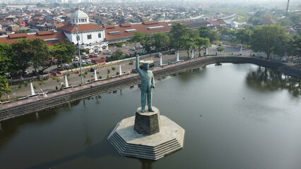Semarang, Indonesia - July 23th 2022 : Soekarno monument in the middle of Polder Tawang, Semarang,...