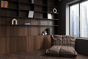 Dark relax interior with soft place, decoration and panoramic window