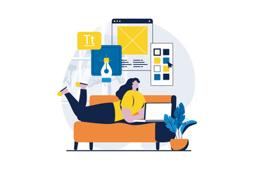 Ui ux design concept with people scene in flat cartoon design. Woman creates elements for user interface, places buttons on layout and working at laptop. Vector illustration visual story for web