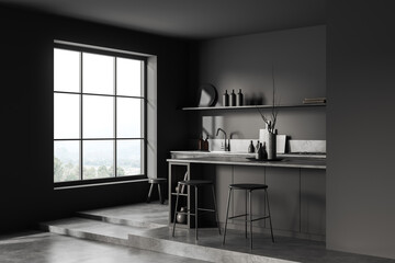 Corner view on dark kitchen room interior with cupboard, island