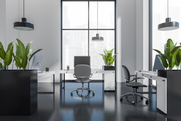 Front view on dark office interior with panoramic windows