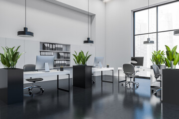 Corner view on dark office interior with panoramic windows