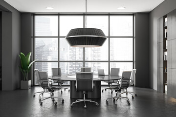 Grey office room interior with seats, table and shelf near panoramic window
