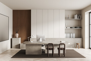 Light office room interior with desk, shelf and pc computer. Mockup frame