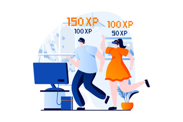 Virtual reality concept with people scene in flat cartoon design. Man and woman in VR glasses playing video game in cyberspace, gaming, compete and have fun. Vector illustration visual story for web