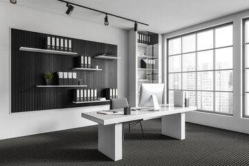 Light office interior with work table, shelf and documents, panoramic window