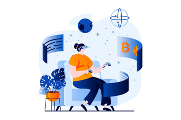 Virtual reality concept with people scene in flat cartoon design. Woman in VR glasses using controllers for interacting with dashboards with cryptocurrency. Vector illustration visual story for web