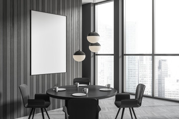 Grey eating room interior with table and chairs, panoramic window. Mockup frame