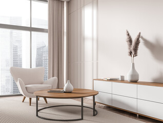 Beige relax interior with armchair and sideboard, panoramic window