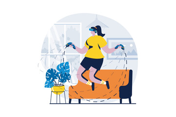 Virtual reality concept with people scene in flat cartoon design. Woman in VR glasses with controllers jumping through virtual simulation of skipping rope. Vector illustration visual story for web