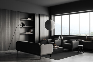 Grey relax interior with couch and chairs, decoration and panoramic window