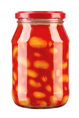 Canned beans in tomato sauce on isolated with white background. Beans in a closed glass jar.