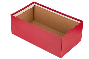 Open red cardboard box ready for shipping isolated on white background.
