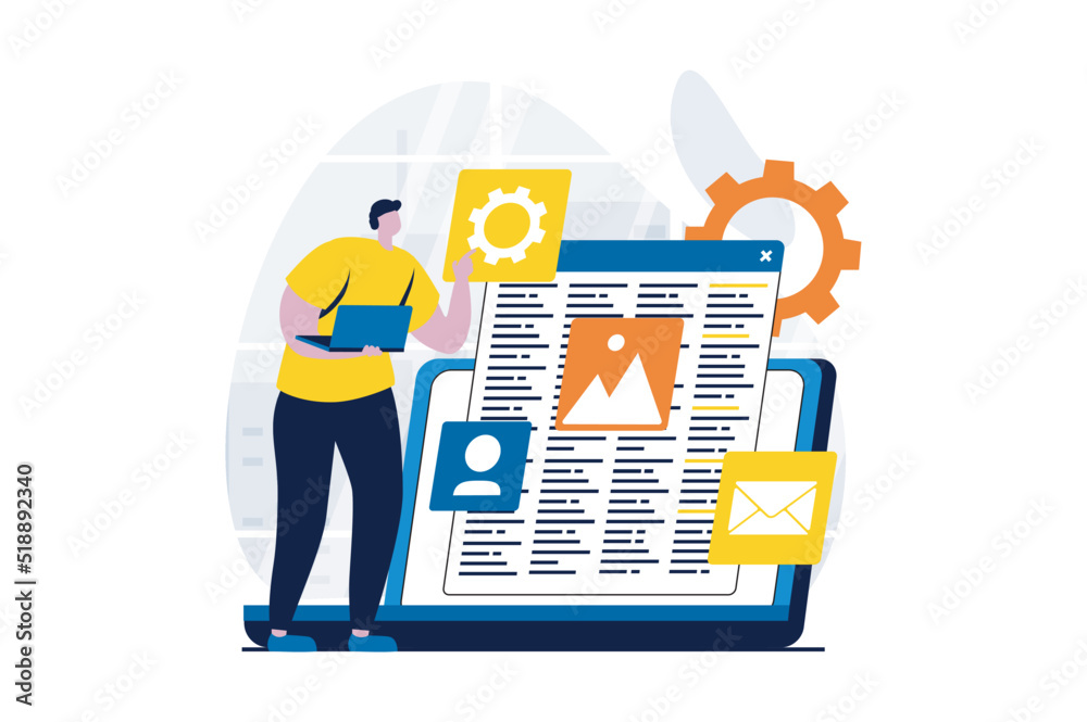 Poster web development concept with people scene in flat cartoon design. man designer creates websites layo