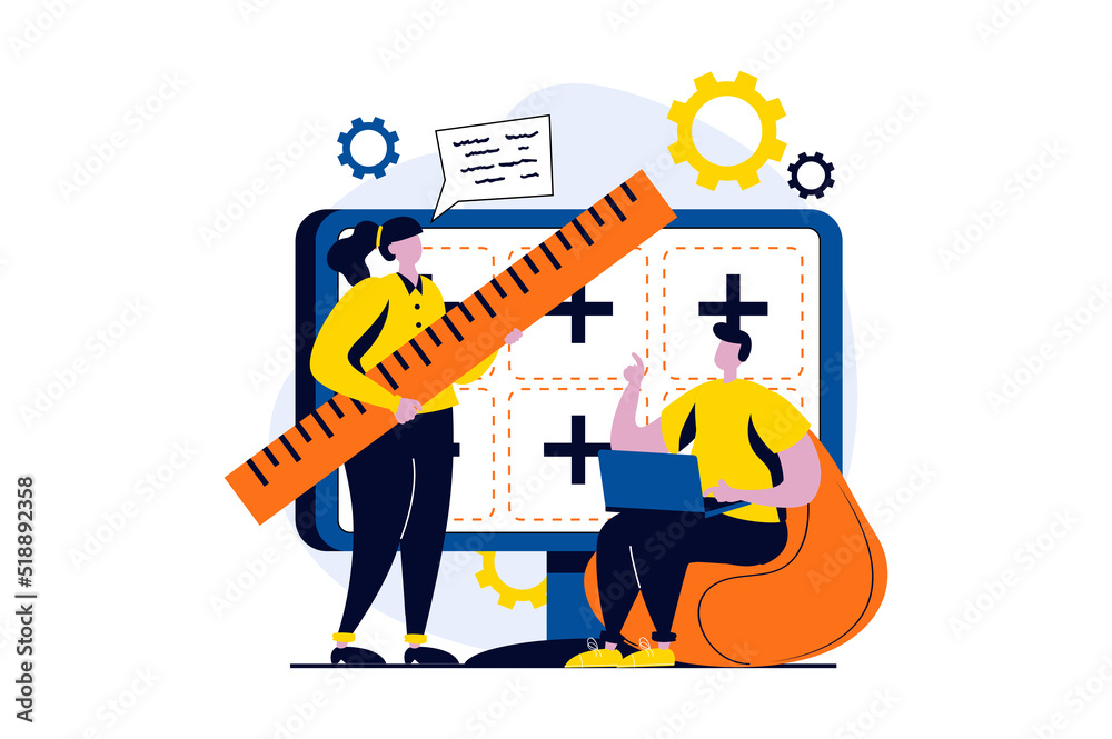 Leinwandbilder Web development concept with people scene in flat cartoon design. Woman and man designers create layouts, programming and testing code, working in team. Vector illustration visual story for web