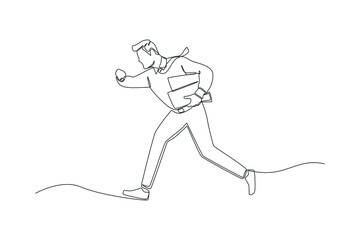 Continuous one line drawing businessman checking time in his hand, running and late for his business appointment. Late concept. Single line draw design vector graphic illustration.
