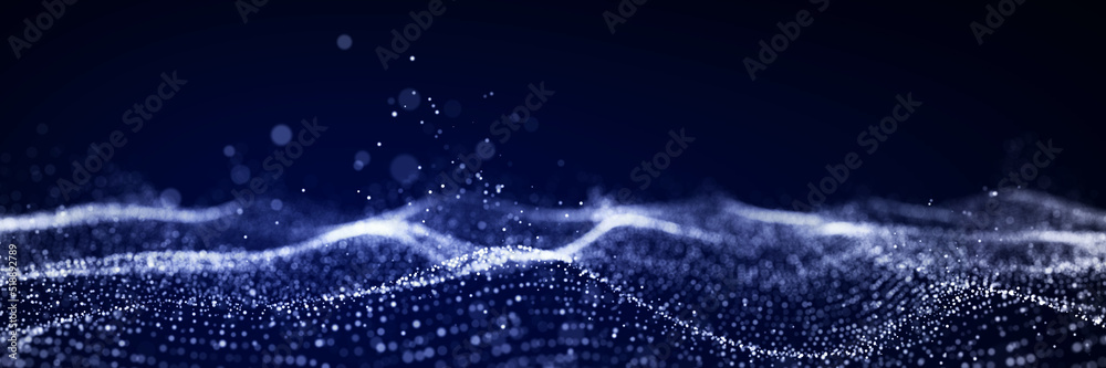 Poster Dynamic blue particle wave. Futuristic point wave. Flow digital structure. Data technology background. 3D rendering.