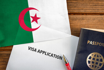 Visa application form, passport and flag of Algeria