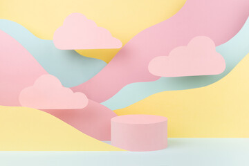 Tender fashion style paper abstract stage mockup - pink circle podium, pastel mountain landscape -...