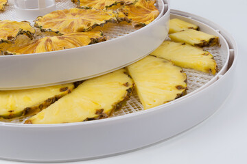 close-up, in round grids, sliced fresh and dried pineapple