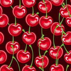 Cherries on a dark background. Seamless pattern of cherries on a dark background. Cherries with twigs. For fabric and textiles, clothing and prints, wallpaper and posters.