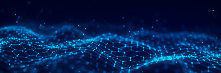 Technology hexagon dynamic wave. Futuristic honeycomb concept. Digital technology webflow. Big data visualization. 3D rendering.