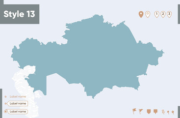 Kazakhstan - map with water, national borders and neighboring countries. Shape map.
