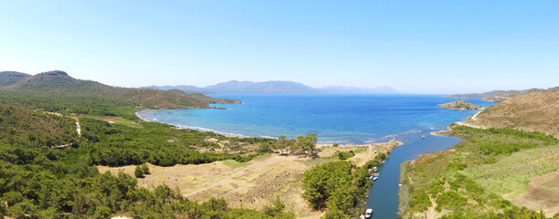 Fototapeta na wymiar Aerial panoramic view of the river in the green mountains at Aegean Sea