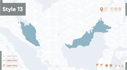 Malaysia - map with water, national borders and neighboring countries. Shape map.