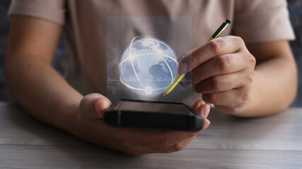 using mobile smart phone. Business global internet connection application technology and digital marketing, Financial and banking, Digital link tech, big data.