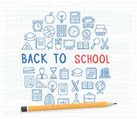 Back to school background with hand drawn icons arranged in a circle