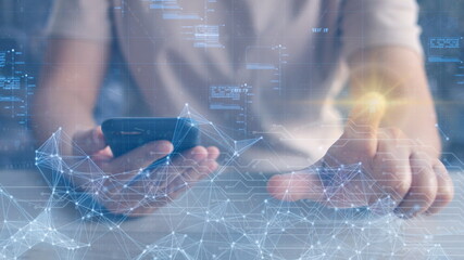 business woman uses a smartphone to connect to a global network with digital connectivity.
