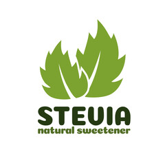Vector green stevia leaves label. Natural organic stevia sweetener substitute isolated on white background. Eco icon for symbol, poster, badge, packaging design. Vector 10 eps