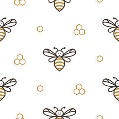 Cute bees white background. Seamless pattern with honey bees and honeycombs for fabric, wrap paper or kids apparel