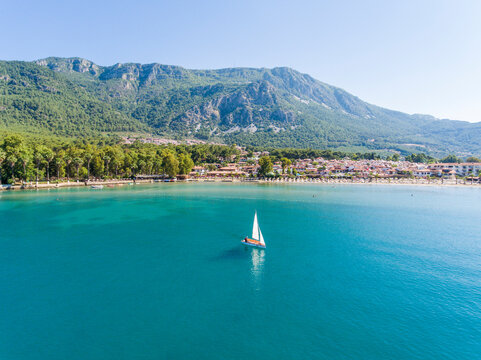 Small sailing boat at calm sea at Akyaka, Turkey
