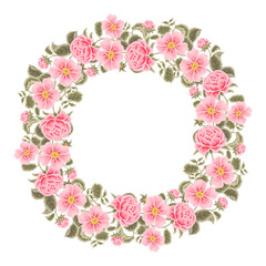 Pastel pink floral wreath illustration with roses, peony, green leaf branches for wedding stationary, greeting card decoration, feminine posters, beauty elements isolated on white background