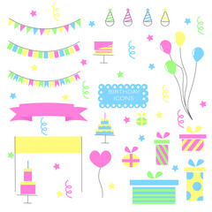 Set of doodle icons for birthday party in vector format. Colorful clip arts for kids.