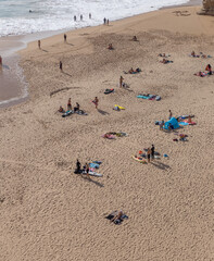 Aerial view od people on the beach of Portugal