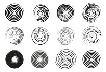 Set of black different size spiral lines. Geometric art. Design element for frame, logo, tattoo, web pages. Abstract vector illustration. Isolated on white background